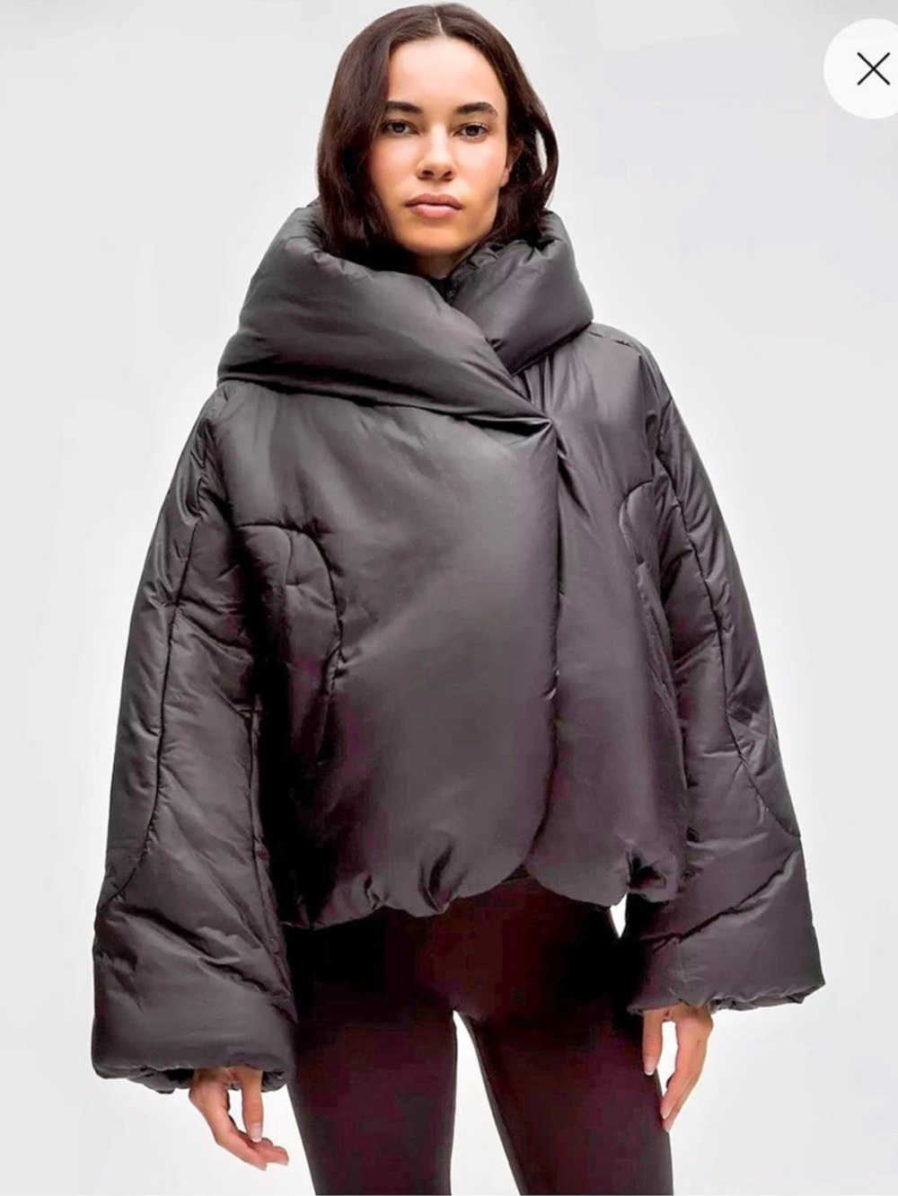 Lululemon Hooded Insulated Wrap in black with oversized funnel wrap collar,4.